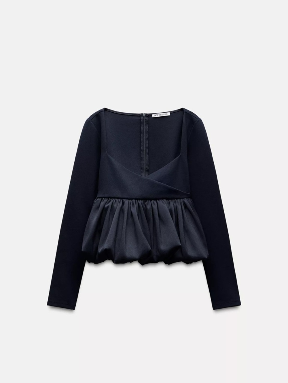 Zara Black Long Sleeve Peplum Top with Square Neck